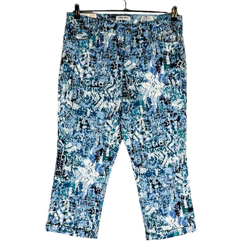 New Nine West Womans Sz 12 Chrystie Capri Pants Abstract Blue Cuffed Stretch NWT